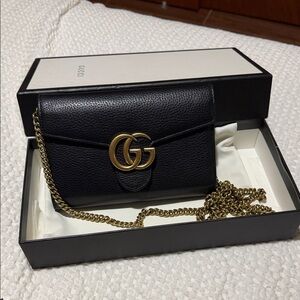 Gucci Black Leather Clutch with Gold Chain